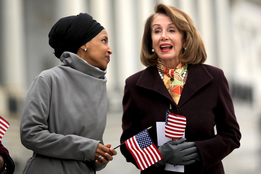 Rep. Ilhan Omar with House Speaker Nancy Pelosi during a rally with fellow Democrats at the Capitol on March 8.