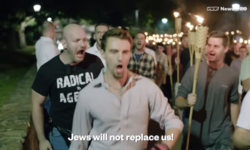 Fascist demonstrators marching through Charlottesville, Va., on Aug. 11, 2017, chanted,a&ldquo;Jews will not replace us.&rdquo;