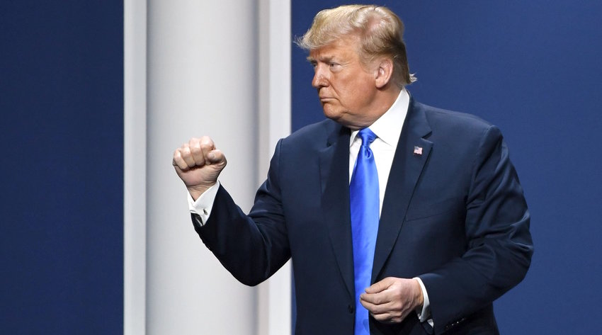 President Donald Trump gestures after speaking during the Republican Jewish Coalition&rsquo;s annual leadership meeting at The Venetian Las Vegas on April 6.