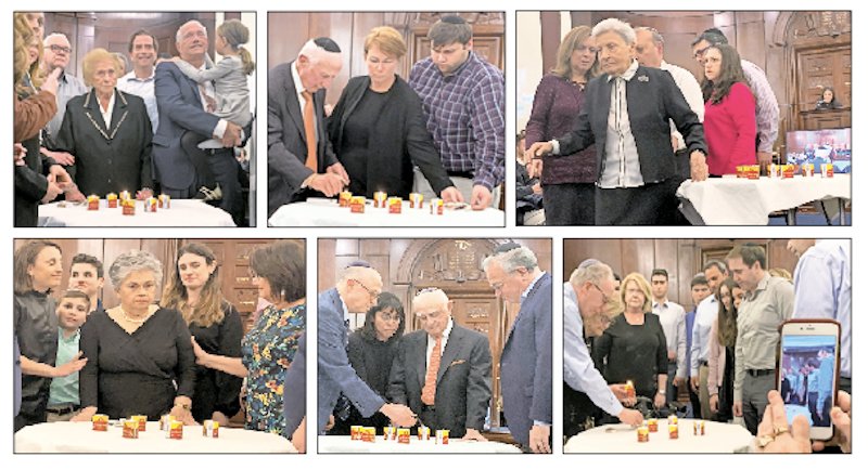 Six survivors lit six yahrzeit candles at the Five Towns Community-Wide Holocaust Commemoration on May 1 at Congregation Beth Sholom &mdash;&nbsp;top row, from left: Phyllis Margulies, Frank Berger, Natalie Gomberg (at far right, event co-chair Dana Frenkel reads a biography of each survivor as they light); bottom row, from left: Luba Schulsinger, Mel (Mendel) Klapper, Gloria Grossman.