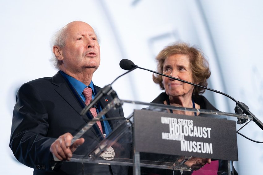 Beate and Serge Klarsfeld pose before receiving an award from the U.S. Holocaust Memorial Museum in Washington.