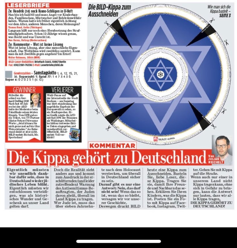 A cutout kippah on the front page of Bild, above Julian Reichelt&rsquo;s editorial: &ldquo;The kippah belongs to Germany.&rdquo;
