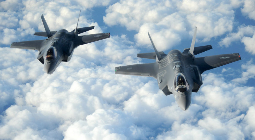 Two Israeli F-35I Adir jets, referenced by Prime Minister Netanyahu, fly in formation.