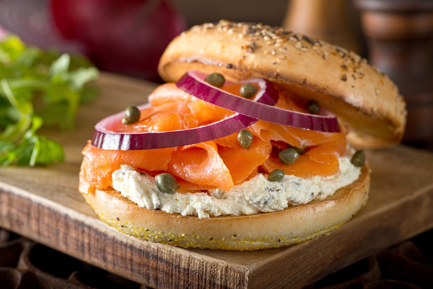 A bagel with lox and cream cheese he bagel alone has the nutritional equivalent of five slices of white bread.
