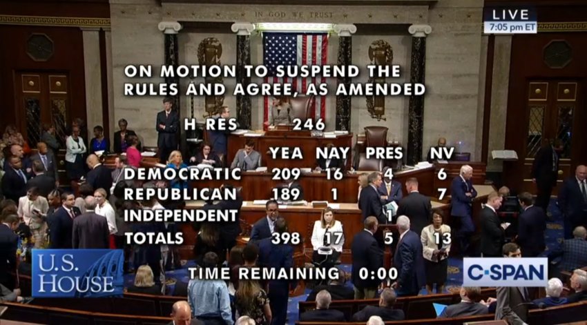 A screenshot of C-Span at the end of a tally of a House of Representatives vote to condemn the boycott Israel movement on July 23.