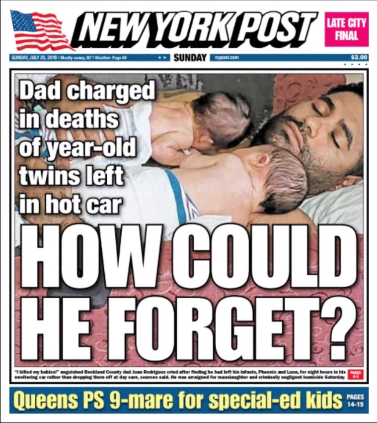 NY Post cover this week reports on the death of two 1-year-olds left in an overheated car.