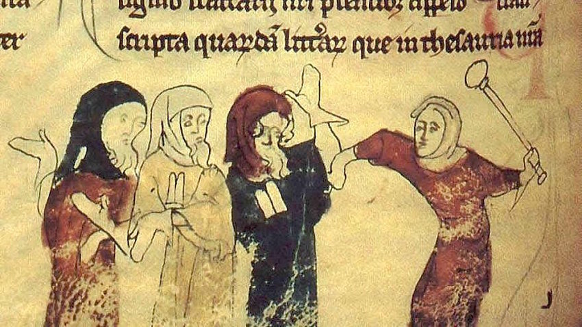 A portion of an illustration showing the expulsion of Jews following the Edict of Expulsion by Edward I of England on July 18, 1290, in which the yellow badge that Jews were forced to wear can be seen.