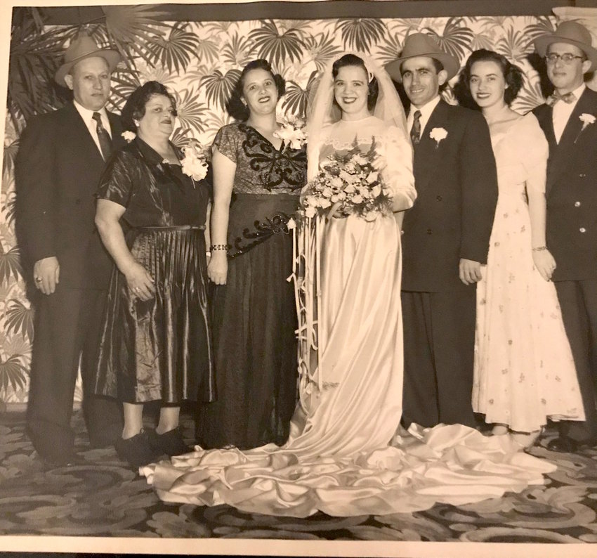 From left: Jerry&rsquo;s uncle Dovid, Jerry&rsquo;s great aunt Rachel (who came before the war), his aunt Rochel, his mom and dad Mattel and Miklosh Joszef, his aunt Chaiku and his uncle Bernie. Except for his great aunt Rachel, they all spent about six years in DP camps. His mom&rsquo;s older sister Sara and her husband Simcha were still in a DP camp when this wedding took place on Dec 7, 1952.