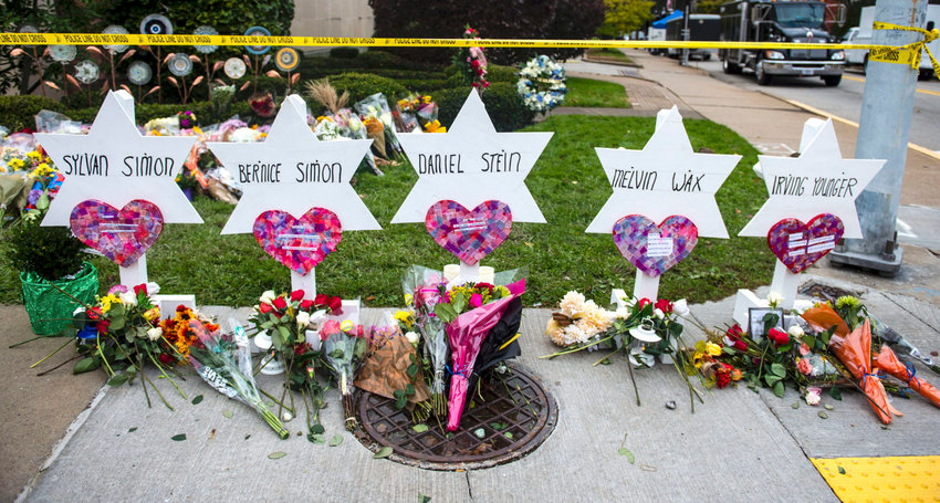 A memorial for victims of the attack on the Tree of Life synagogue in Pittsburgh, October 2018.