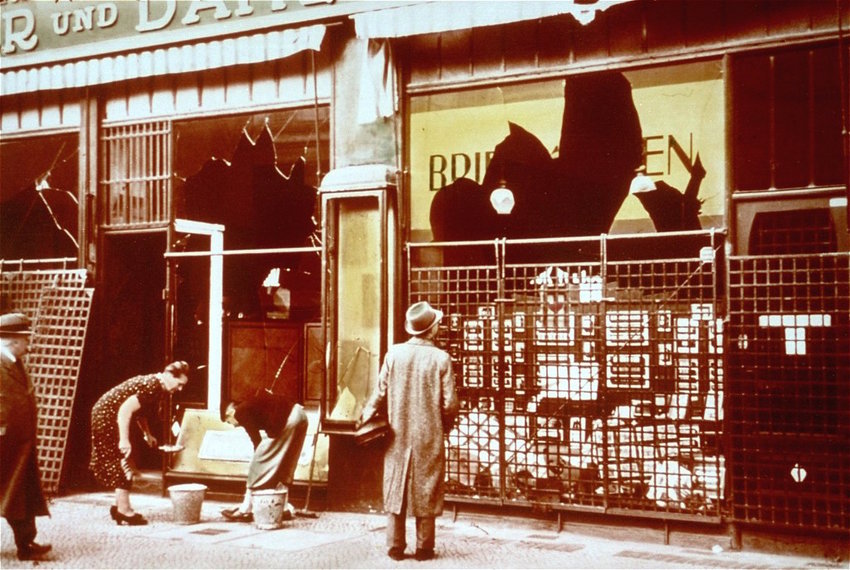Assessing some damage after Kristallnacht, &ldquo;Night of Broken Glass,&rdquo; in Germany, Nov. 9&ndash;10, 1938.