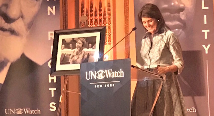 Former US Ambassador to the United Nations Nikki Haley address the UN Watch NGO in New York on Dec. 5.