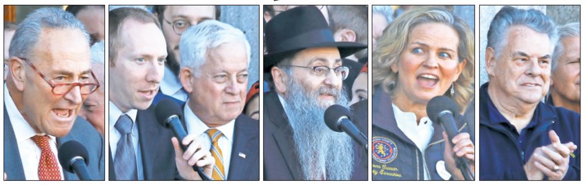 At Sunday&rsquo;s rally outside the Theodore Roosevelt Executive and Legislative Building in Mineola, from left: U.S. Senate Minority Leader Chuck Schumer, Stand With Us Northeast Regional Director Avi Posnick with Assemblymember Charles Lavine, Rabbi Anchelle Perl of Chabad of Mineola, Nassau County Executive Laura Curran, and Rep. Peter King.