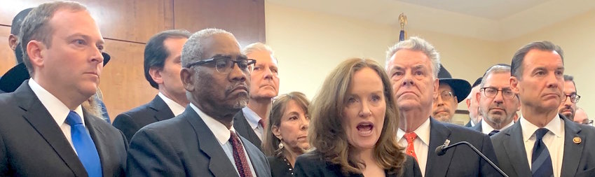 Rep. Kathleen Rice assembled Long Island&rsquo;s congressional delegation at Cedarhurst Village Hall on Friday, where they voiced unified determination to combat anti-Semitism. From left: Republican Rep. Lee Zeldin, Democratic Reps. Gregory Meeks and Rice; and Republican Rep. Peter King and Democratic Rep. Thomas Suozzi.