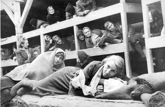 Women in the barracks of the newly liberated Auschwitz concentration camp.