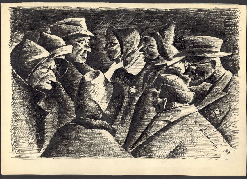 &ldquo;Eight men in coats with stars&rdquo; by Peter Loewenstein.