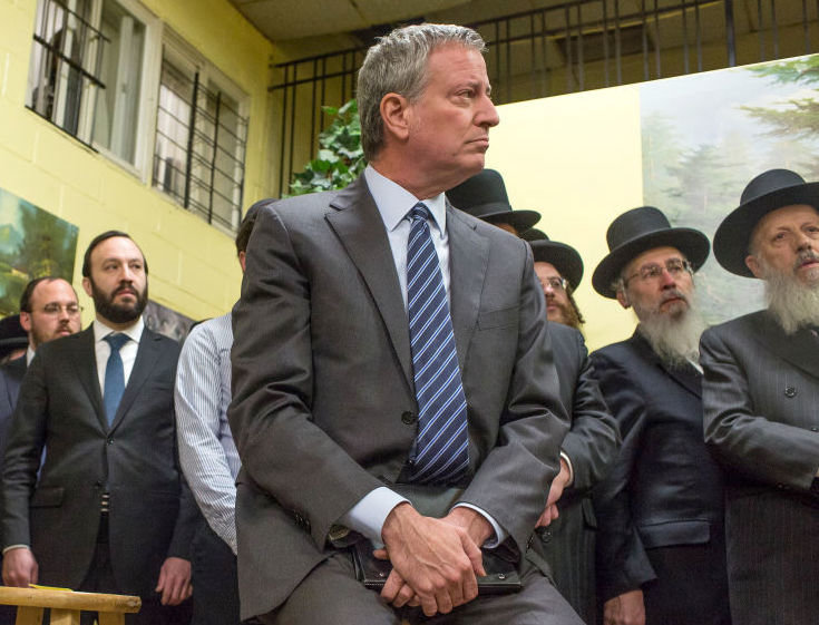 Mayor Bill de Blasio at a meeting with Satmar community leaders in Williamsburg to denounce the hate crime attack in Jersey City, on Dec. 12, 2019.