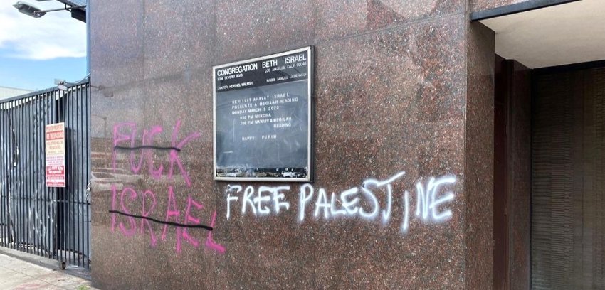 Graffiti was spray-painted on the walls of Congregation Beth Israel in the Fairfax district of Los Angeles on May 30.