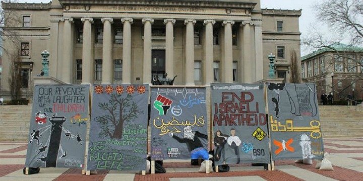An anti-Israel &ldquo;apartheid wall&rdquo; on display at Columbia University during Apartheid Week in 2017.