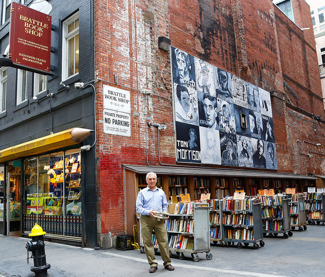 Ken Gloss outside his Brattle Book Shop, which is steps from Boston Common.