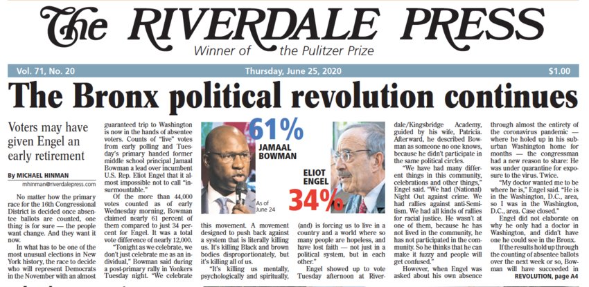 The front page of Thursday's Riverdale Press led with a story on Rep. Eliot Engel's defeat.