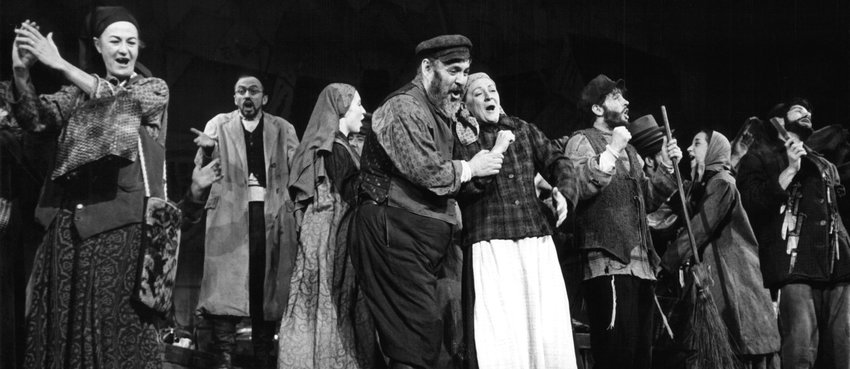 Zero Mostel and Maria Karnilova in a scene from a stage play 'Fiddler On The Roof', 1964.