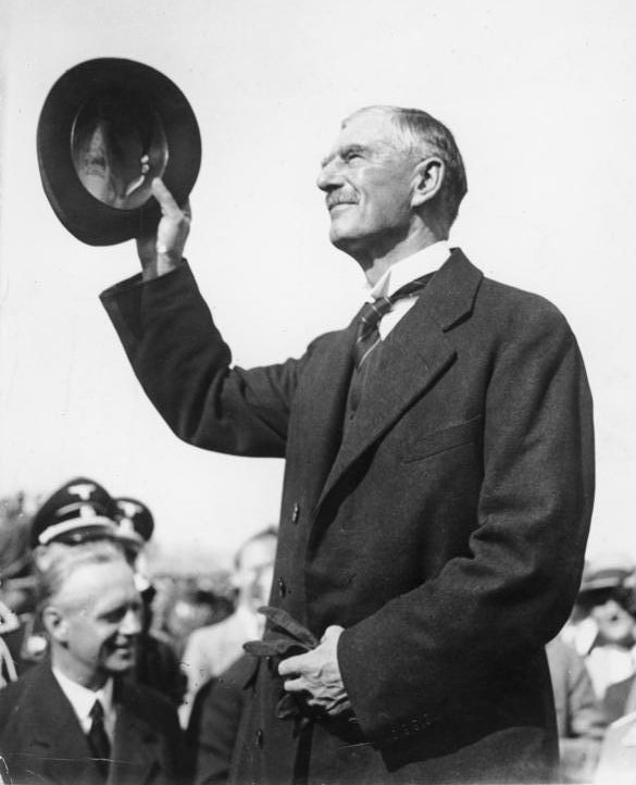 British Prime Minister Neville Chamberlain in Munich in September 1938, to make peace with Hitler.