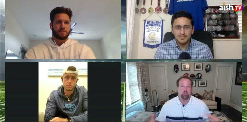 Jewish football players participated in an online conversation on July 12. Clockwise from top left: Anthony Firkser, conversation organizer Michael Neuman, Geoff Schwartz, and Greg Joseph.