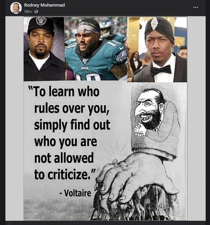 This Facebook post by Philadelphia NAACP president Rodney Muhammad combines a Nazi-like anti-Semitic meme with the images of Ice Cube, Nick Cannon and DeSean Jackson, three celebrities who recently made anti-Semitic statements.