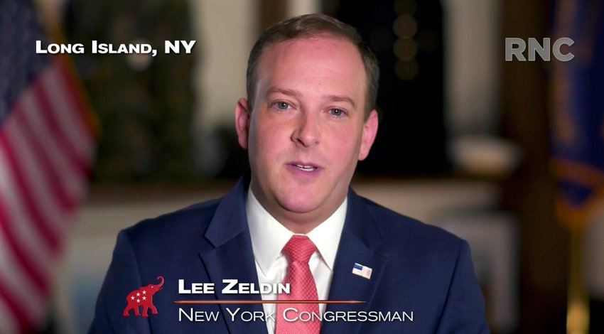 In this screenshot from the RNC&rsquo;s livestream of the 2020 Republican National Convention, Rep. Lee Zeldin of Long Island addresses the virtual convention on August 26.