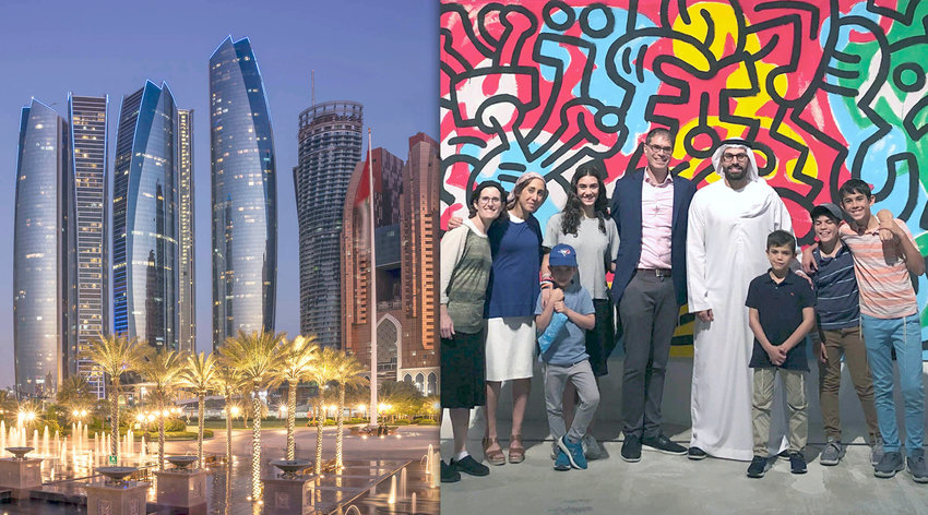 The Sarna family in the UAE. At left, the Etihad Towers complex in Abu Dhabi.