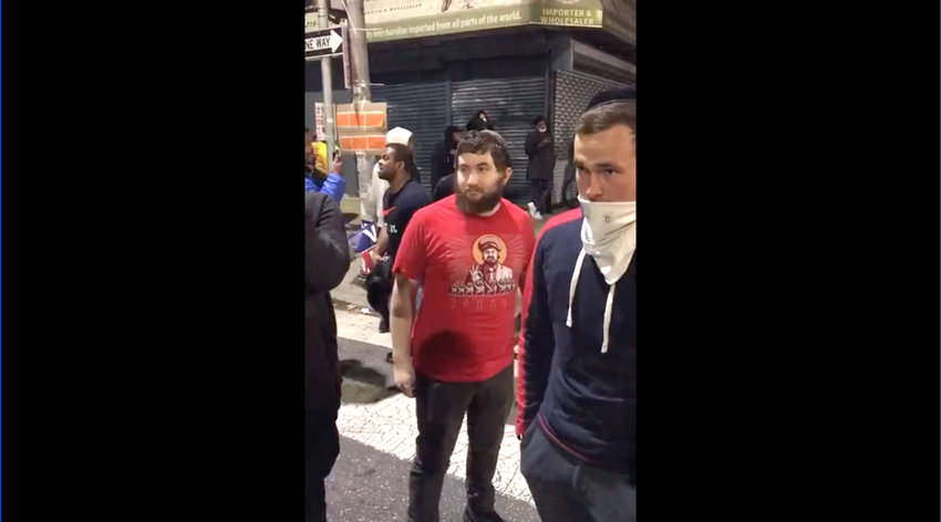 Screen shot from video of an Oct. 27 incident in Philadelphia in which visibly Jewish men at a Black Lives Matter protest were shoved and told to leave.