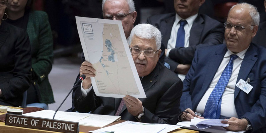 Palestinian Authority leader Mahmoud Abbas addresses the U.N. Security Council concerning details of the Mideast peace plan put forth by the United States on Feb. 11, 2020.