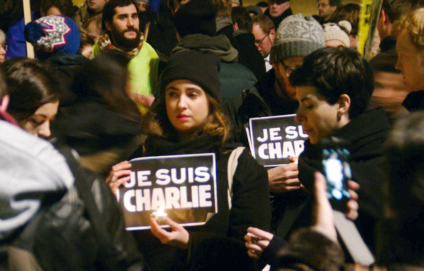 A rally in Berlin  in support of the victims of the Charlie Hebdo mass shooting in Paris on Jan. 7, 2015.