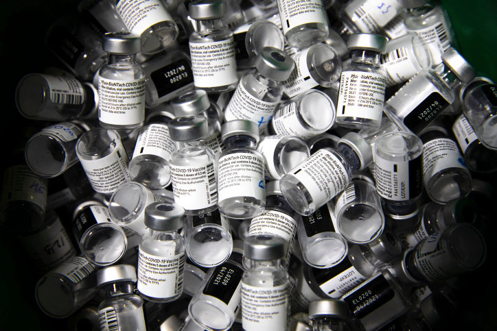 Empty doses of COVID-19 vaccine at a vaccination center in Jerusalem on Jan. 28.