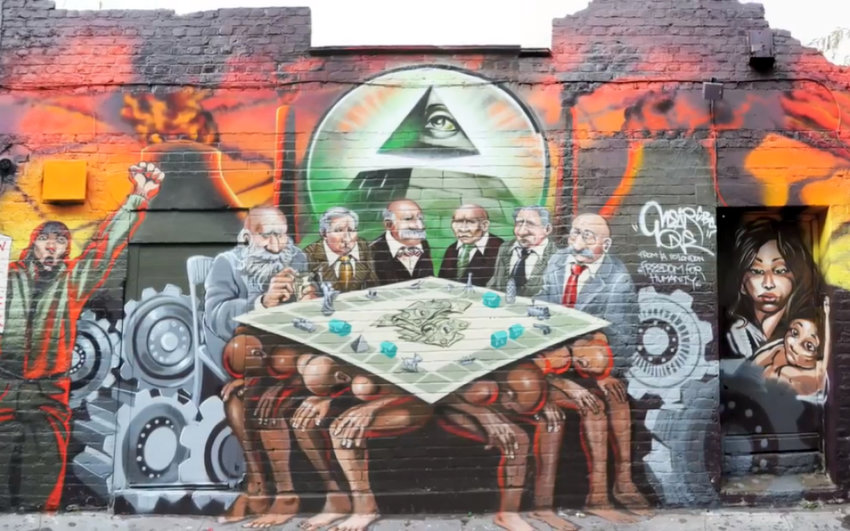 View of the anti-Semitic &ldquo;Freedom for Humanity&rdquo; mural in London, taken down in 2012.