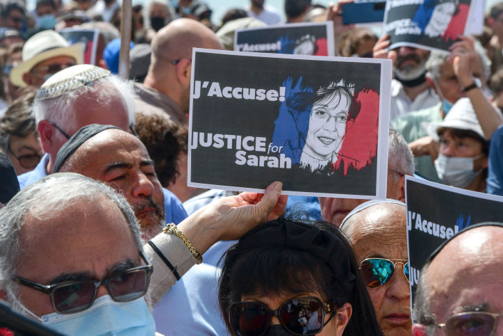 Protesters gather at the French embassy in Tel Aviv on April 25 to demand justice for Sarah Halimi, murdered by her Muslim neighbor in Paris in 2017.