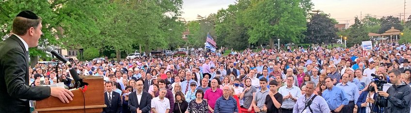 Rabbi Shalom Axelrod of the Young Israel of Woodmere told two-to-three thousand people in Cedarhurst Park Thursday night that &ldquo;Jew hatred and all hate crimes have no place in our society.&rdquo; The crowd, a portion of which is seen here, is believed to be the largest ever to assemble in the park. Participants heard from local political, rabbinic, educational and other communal leaders.