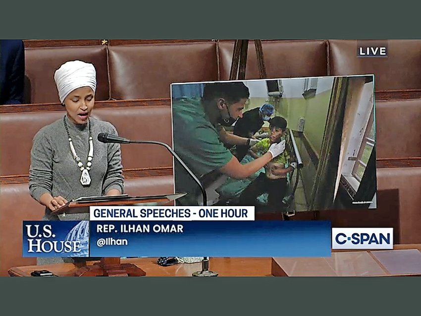 Rep. Ilhan Omar (D-Minn.) speaks in the House of Representatives on the conflict between Israel and Palestinians, on May 13.