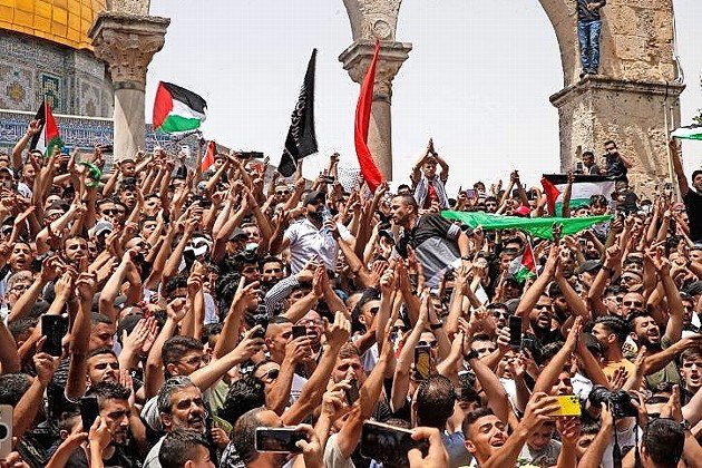 Palestinians protest at the Al-Aqsa mosque compound in Jerusalem&rsquo;s Old City on May 21.