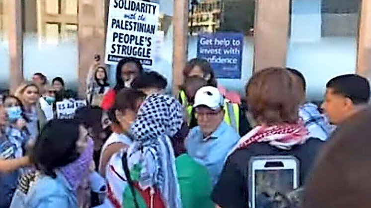 Journalist Dexter Van Zile is accosted by a group of pro-Palestinian activists on June 24.