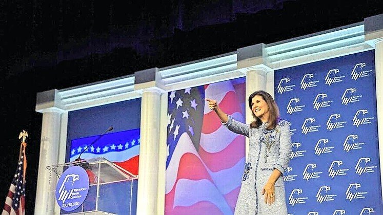 Former U.S. Ambassador to the United Nations Nikki Haley at the Republican Jewish Coalition&rsquo;s conference in Las Vegas on Nov. 6.