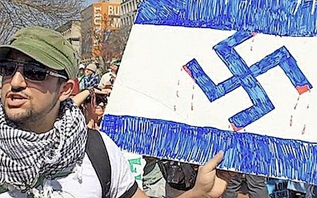 Screenshot from the 2015 documentary, &ldquo;Crossing the Line 2,&rdquo; which depicts anti-Semitic activity on North American campuses.