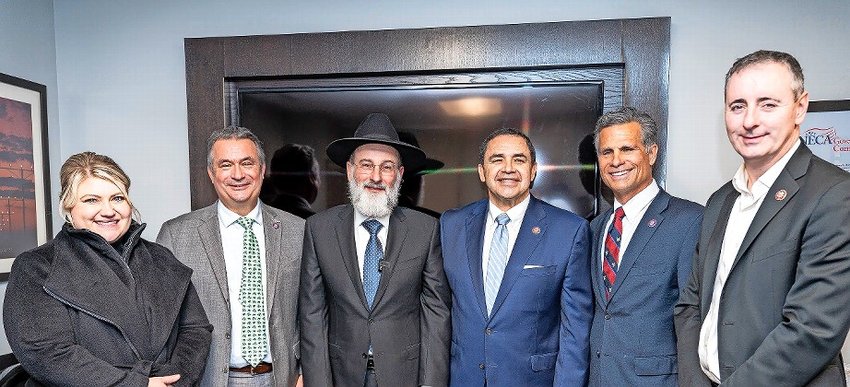 The Congressional Caucus for the Advancement of Torah Values has rabbinical guidance but no Jewish members. Its inaugural meeting in Washington was attended by (from left) Reps. Kat Cammack (R-FL); Don Bacon (R-NE); Rabbi Dovid Hofstedter; Henry Cuellar (D-TX); Dan Meuser (R-PA); and Brian Fitzpatrick (R-PA) in Washington.