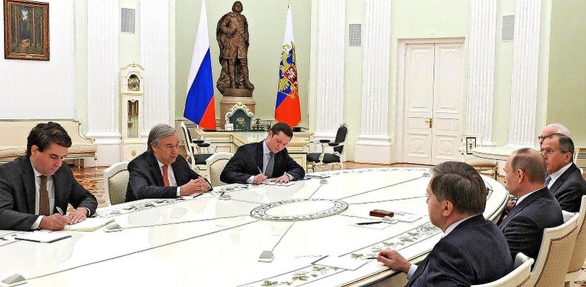 UN Secretary-General Ant&oacute;nio Guterres with Russian President Vladimir Putin and Russian Foreign Minister Sergey Lavrov in Moscow on Nov. 24, 2016.