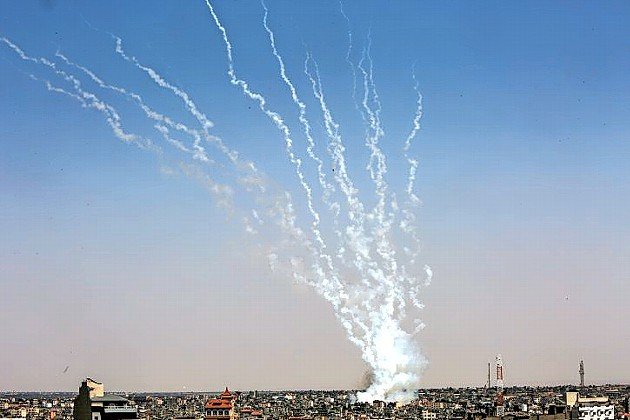 Rockets are fired toward Israel from Rafah, in the Gaza Strip, on Aug. 7.