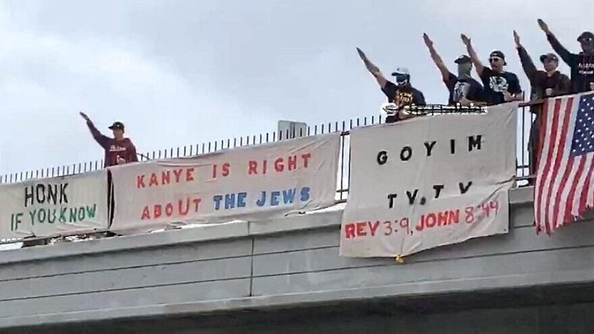 The Goyim Defense League hung banners supporting Kanye &quot;Ye&quot; West's comments about Jews over a Los Angeles bridge, Oct. 22, 2022.