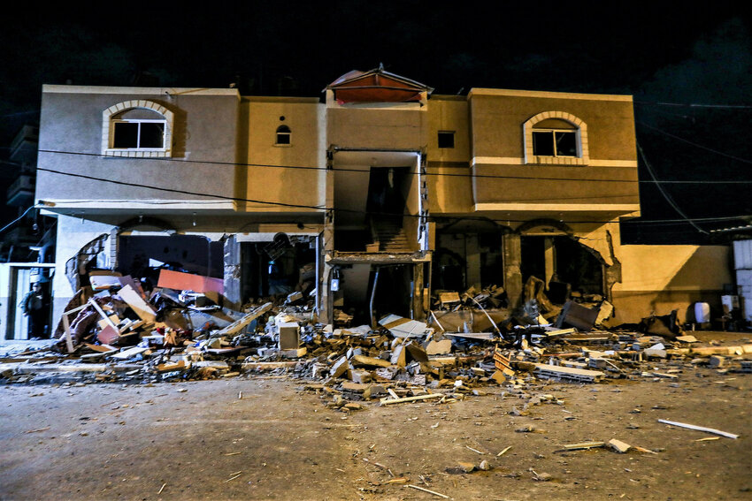 Caption: A damaged house in the Gaza Strip after an Israeli airstrike and new &quot;Operation Shield and Arrow,&quot; initiated following rocket fire launched at Israeli civilians by the terrorist group Palestinian Islamic Jihad, on May 9, 2023.