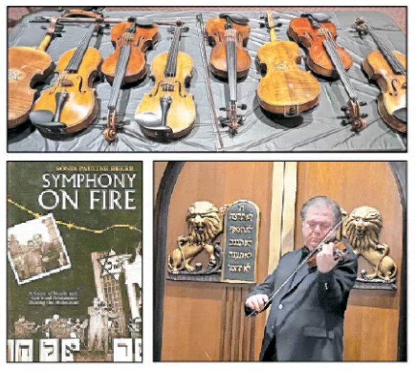 Top: The WWII-era violins displayed at a Violins of Hope event at Congregation B&rsquo;nai Avraham of Brooklyn Heights included the instrument that belonged to the father of congregant Sonia Beker, who authored the book &ldquo;Symphony on Fire: A Story of Music and Spiritual Resistance During the Holocaust.&quot; Bottom right: Cihat Askin performed in front of the aron hakodesh at B&rsquo;nai Avraham.