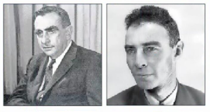 Left: Hungarian American theoretical physicist Edward Teller in 1958, as the director of Lawrence Livermore National Laboratory. Right: J. Robert Oppenheimer in 1944.