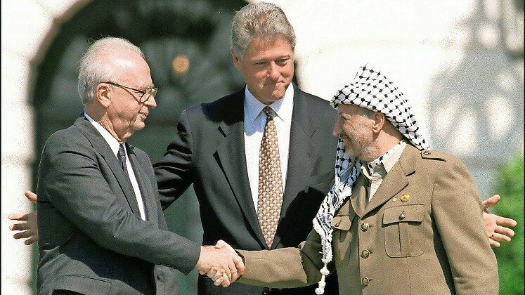 Prime Minister Yitzhak Rabin, President Clinton and Yasser Arafat at Oslo Accord signing on Sept. 13, 1993.